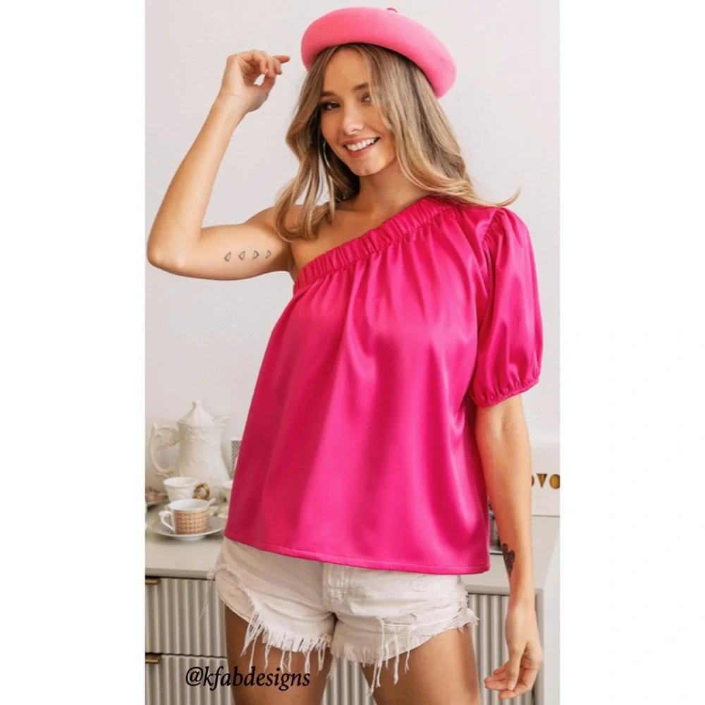 NEW! Fuchsia Soft Stretch Satin One Shoulder Top! - Picture 9 of 15